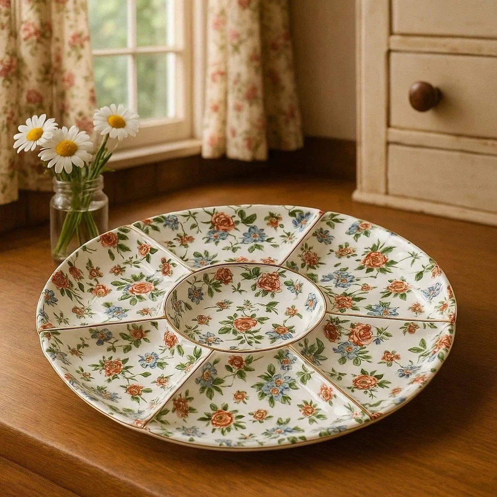 Floral Service Tray Erphila Chintz Germany Dorset Cheery Cottagecore Relish Tray